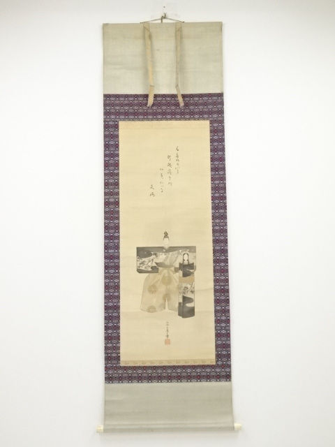 JAPANESE HANGING SCROLL / HAND PAINTED / HINA DOLL / BY SHOSHU SAITO